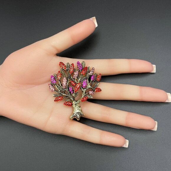 Yellow Gold with Ruby and Pink Sapphire Crystal Blooming Tree Pin Back Brooch - Picture 9 of 9